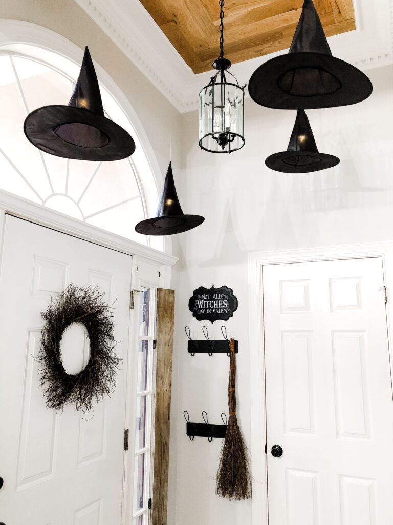 DIY Floating Witch Hats with Lights for Halloween - White Oak Shop