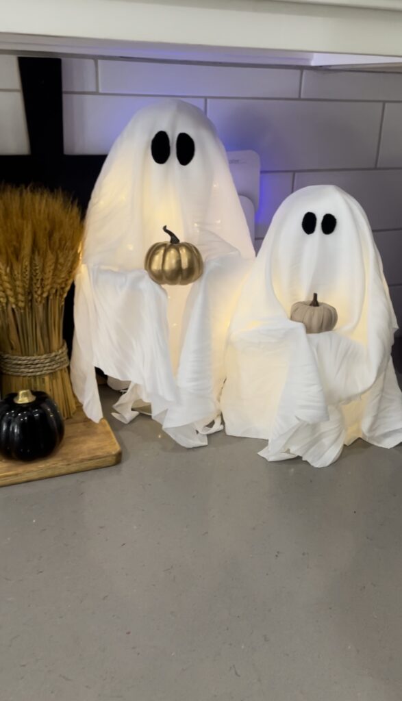 Two small Halloween ghosts diy, white and black felt sheets